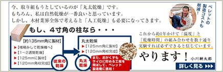 今、取り組もうとしているのが「丸太乾燥」です。もちろん、私は自然乾燥が一番良いと思っています。しかし、木材業界全体で考えると「人工乾燥」も必要になってきます。