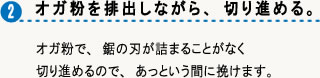 オガ粉を排出しながら、切り進める。オガ粉で、鋸の刃が詰まることなく切り進めるので、あっという間に挽けます。