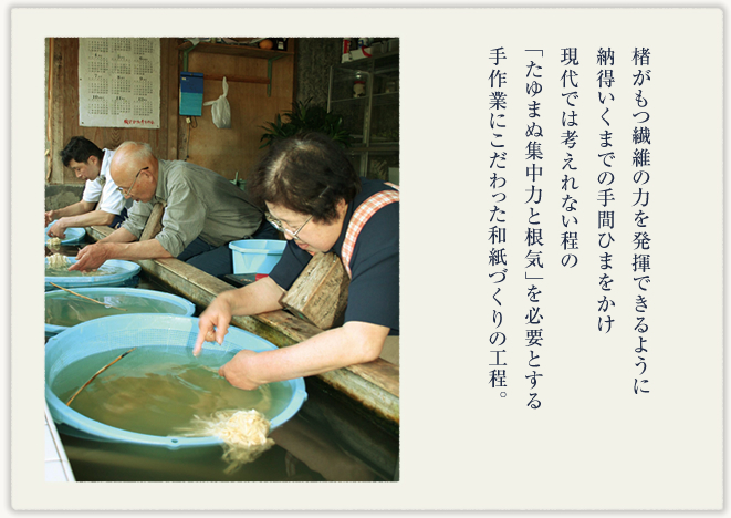 楮がもつ繊維の力を発揮できるように納得いくまでの手間ひまをかけ現代では考えれない程の
「たゆまぬ集中力と根気」を必要とする手作業にこだわった和紙づくりの工程。